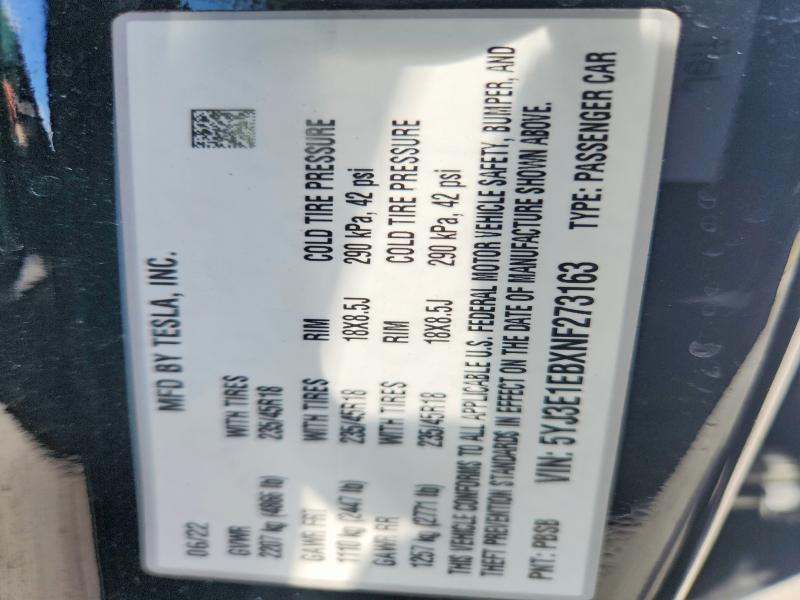 59590826 :رقم المزاد ، 5YJ3E1EBXNF273163 vin ، 2022 Tesla Model 3 مزاد بيع