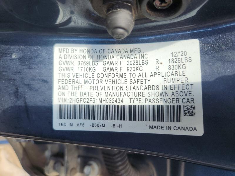 Продаж на аукціоні авто 2021 Honda Civic, vin: 2HGFC2F61MH532434, номер лоту: 58606196