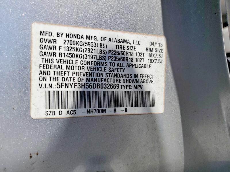 Продаж на аукціоні авто 2013 Honda Pilot, vin: 5FNYF3H56DB032669, номер лоту: 60229496