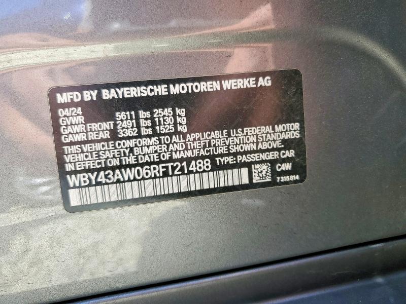 59843816 :رقم المزاد ، WBY43AW06RFT21488 vin ، 2024 Bmw I4 مزاد بيع