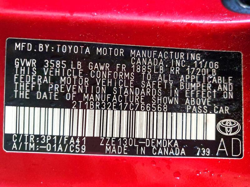 Продажа на аукционе авто 2007 Toyota Corolla, vin: 2T1BR32E17C766568, номер лота: 63281906