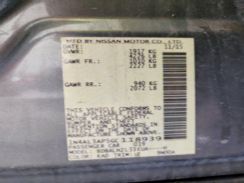 2016 Nissan Altima მანქანა იყიდება აუქციონზე, vin: 1N4AL3AP5GC118939, აუქციონის ნომერი: 60034526