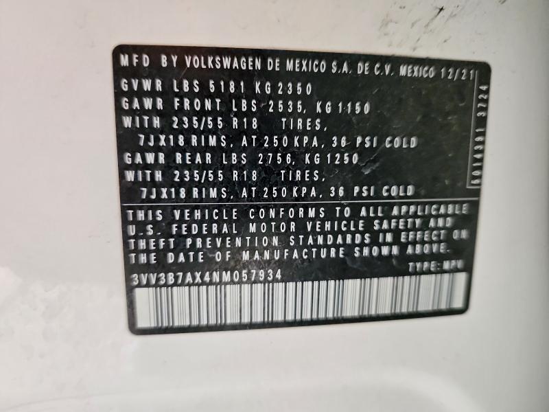 Aukcja sprzedaży 2022 Volkswagen Tiguan, vin: 3VV3B7AX4NM057934, numer aukcji: 62062636