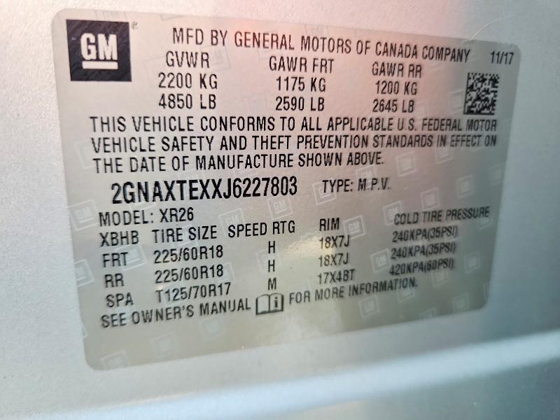 2018 Chevrolet Equinox მანქანა იყიდება აუქციონზე, vin: 2GNAXTEXXJ6227803, აუქციონის ნომერი: 61294186