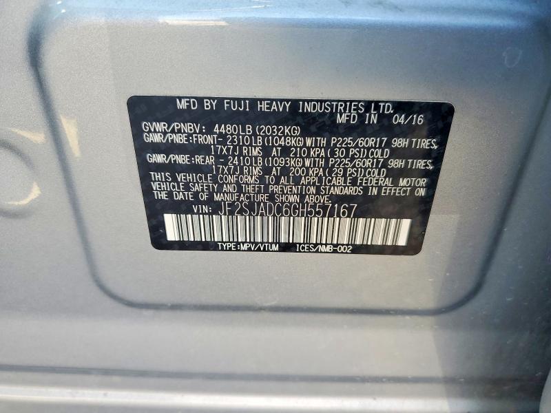 Продаж на аукціоні авто 2016 Subaru Forester, vin: JF2SJADC6GH557167, номер лоту: 62249336