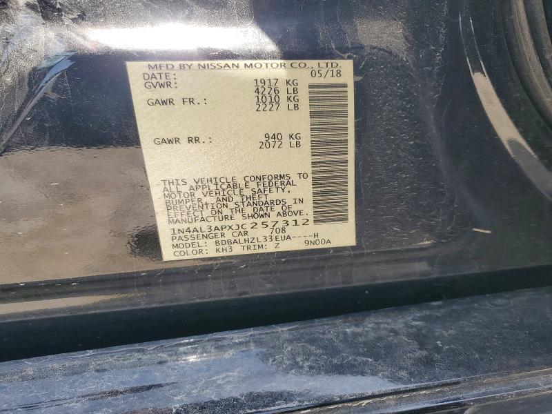 2018 Nissan Altima მანქანა იყიდება აუქციონზე, vin: 1N4AL3APXJC257312, აუქციონის ნომერი: 85622255