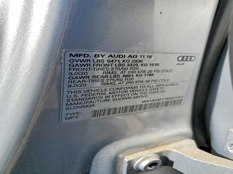 2019 Audi Q8 მანქანა იყიდება აუქციონზე, vin: WA1AVAF11KD017312, აუქციონის ნომერი: 61610776