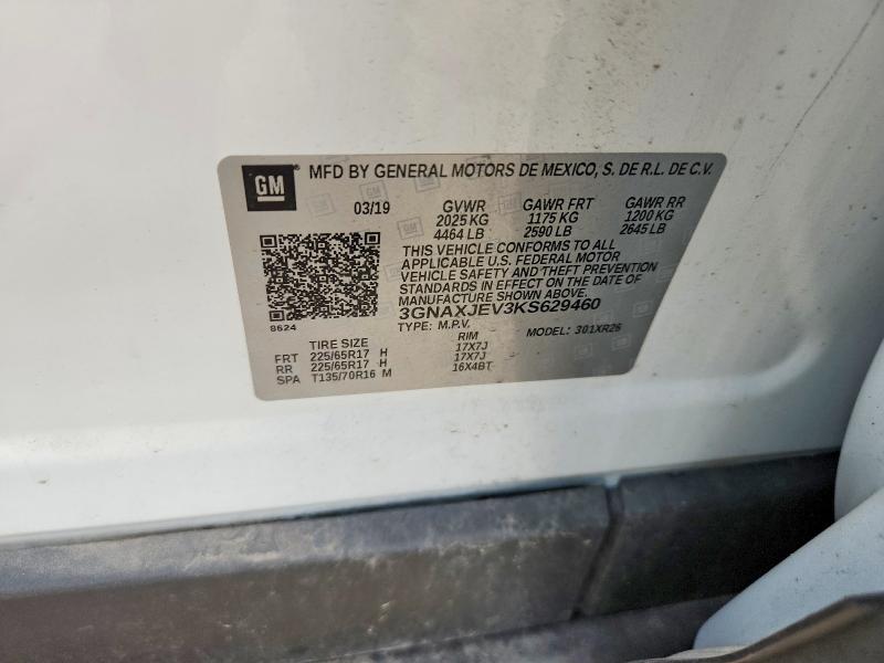2019 Chevrolet Equinox მანქანა იყიდება აუქციონზე, vin: 3GNAXJEV3KS629460, აუქციონის ნომერი: 61395106