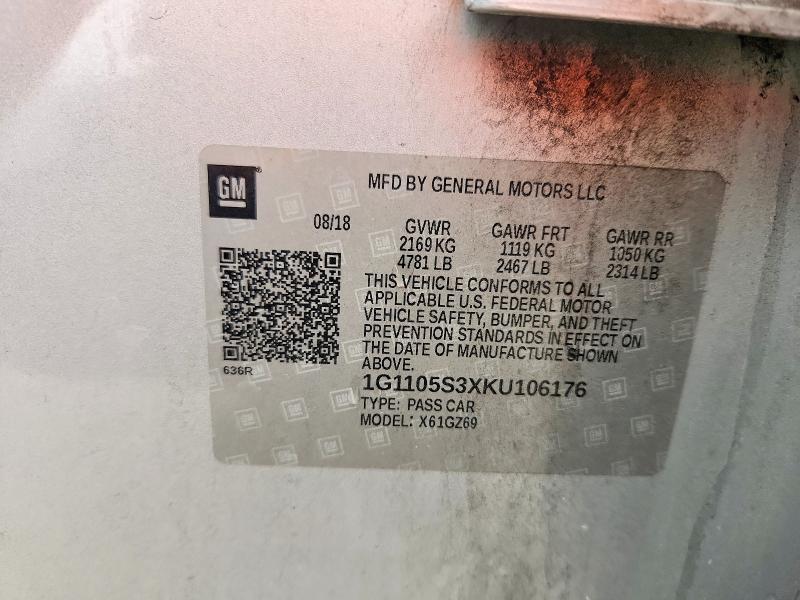 60221926 :رقم المزاد ، 1G1105S3XKU106176 vin ، 2019 Chevrolet Impala مزاد بيع