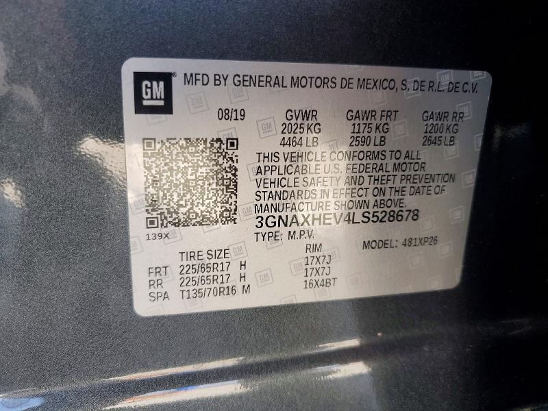 Продаж на аукціоні авто 2020 Chevrolet Equinox, vin: 3GNAXHEV4LS528678, номер лоту: 59708596