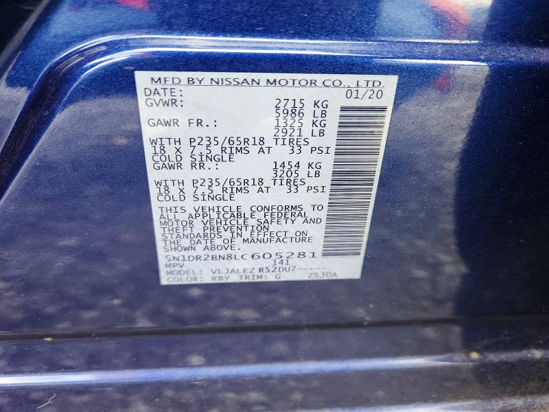 59230546 :رقم المزاد ، 5N1DR2BN8LC605281 vin ، 2020 Nissan Pathfinder مزاد بيع