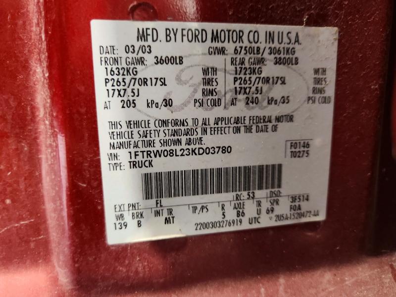 2003 Ford F150 მანქანა იყიდება აუქციონზე, vin: 1FTRW08L23KD03780, აუქციონის ნომერი: 62933516