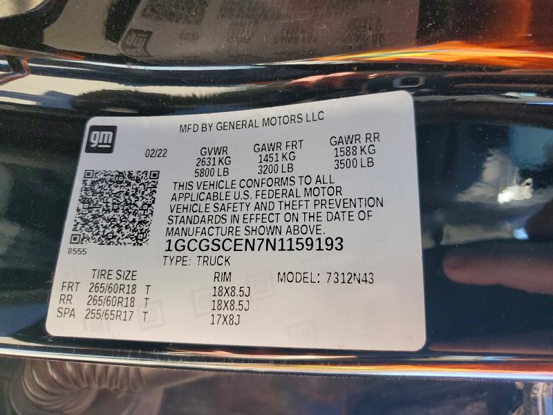 2022 Chevrolet Colorado მანქანა იყიდება აუქციონზე, vin: 1GCGSCEN7N1159193, აუქციონის ნომერი: 59719316