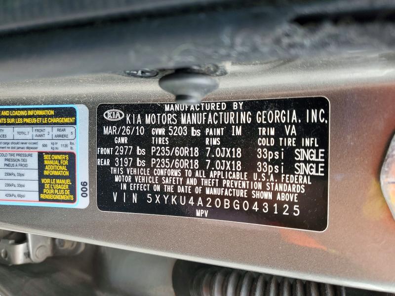 62027826 :رقم المزاد ، 5XYKU4A20BG043125 vin ، 2011 Kia Sorento مزاد بيع