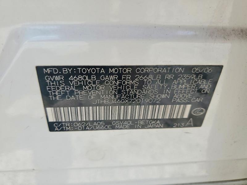 2007 Lexus Es მანქანა იყიდება აუქციონზე, vin: JTHBJ46GX72019072, აუქციონის ნომერი: 63465496