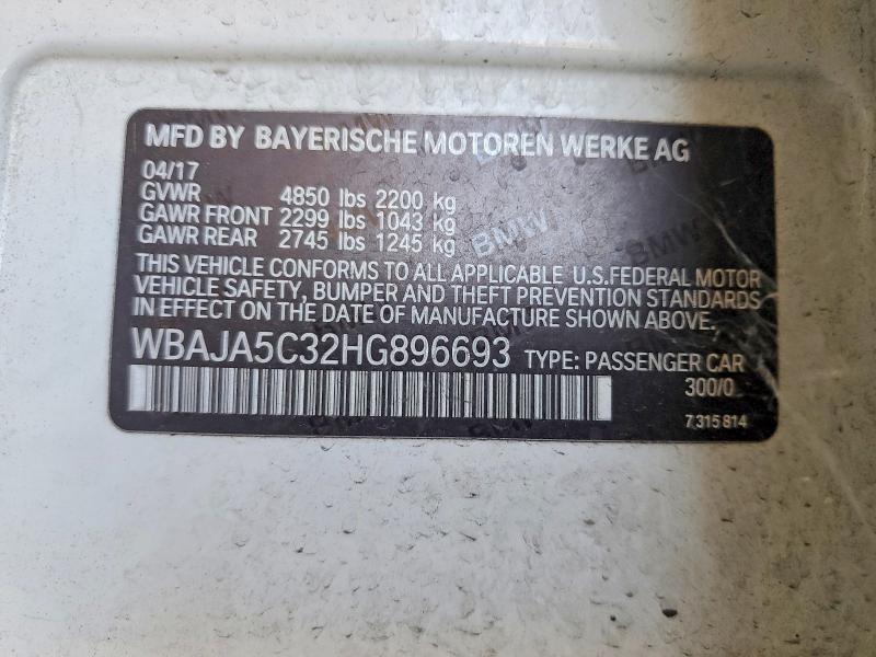 2017 Bmw 530 მანქანა იყიდება აუქციონზე, vin: WBAJA5C32HG896693, აუქციონის ნომერი: 60684156