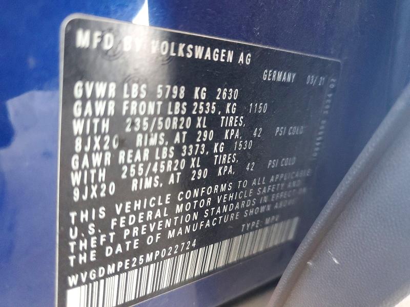 2021 Volkswagen Id.4 მანქანა იყიდება აუქციონზე, vin: WVGDMPE25MP022724, აუქციონის ნომერი: 61876216