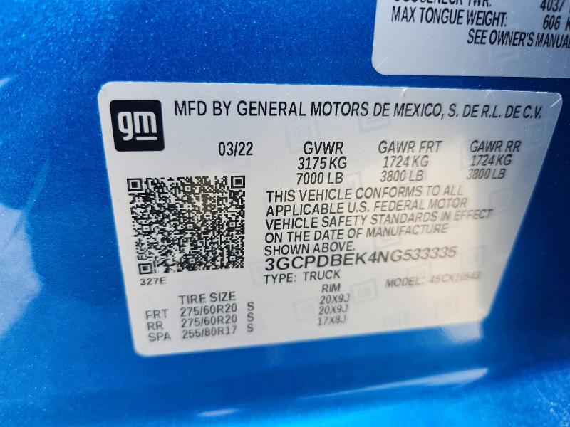 2022 Chevrolet Silverado მანქანა იყიდება აუქციონზე, vin: 3GCPDBEK4NG533335, აუქციონის ნომერი: 59281736