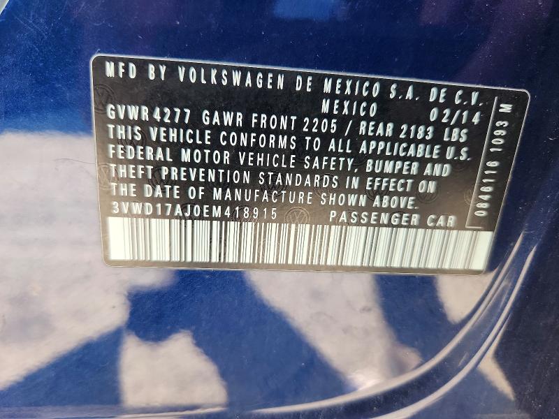 2014 Volkswagen Jetta მანქანა იყიდება აუქციონზე, vin: 3VWD17AJ0EM418915, აუქციონის ნომერი: 62923926