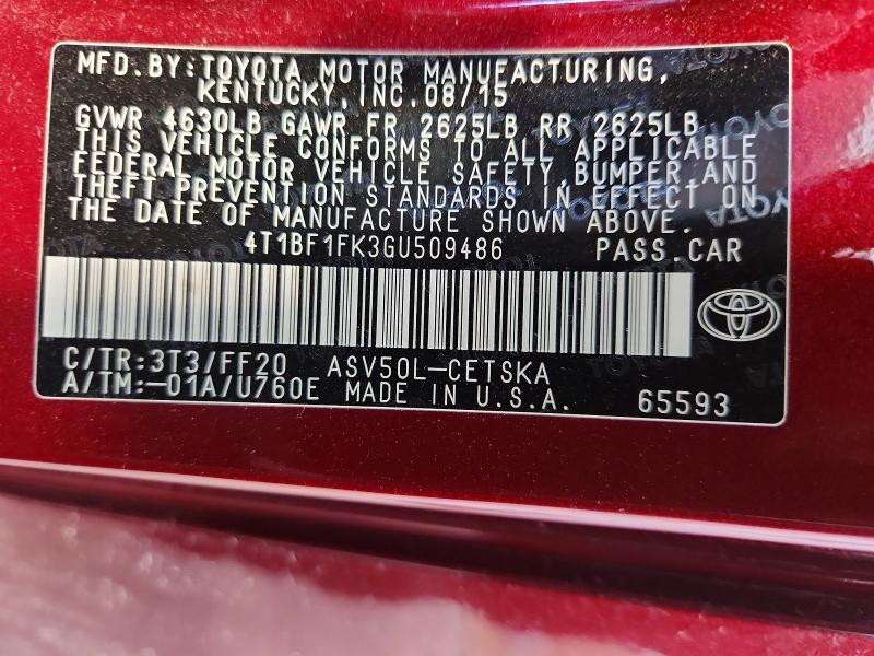 Продажа на аукционе авто 2016 Toyota Camry, vin: 4T1BF1FK3GU509486, номер лота: 59914466
