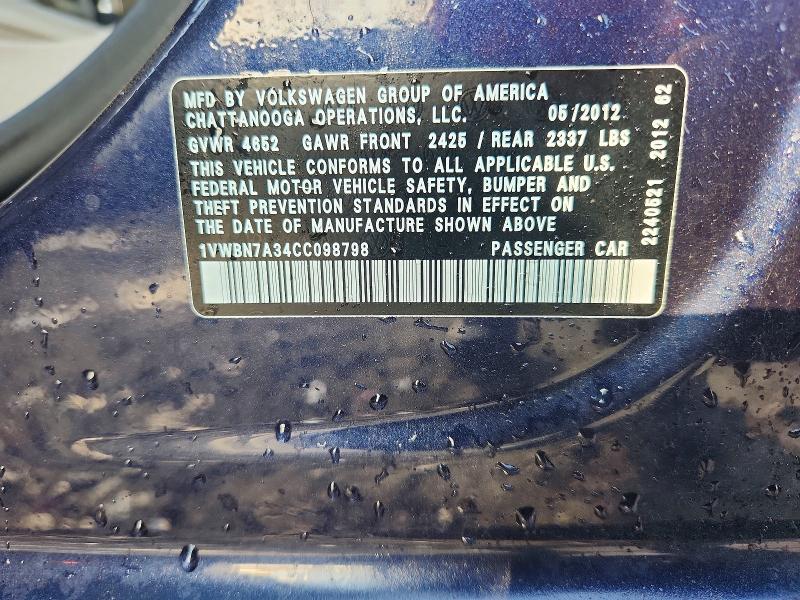 59974336 :رقم المزاد ، 1VWBN7A34CC098798 vin ، 2012 Volkswagen Passat مزاد بيع
