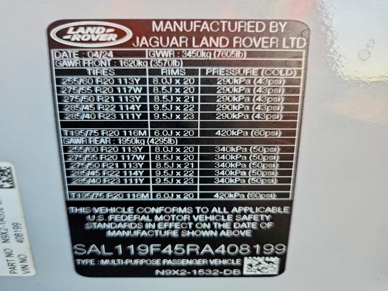 2024 Land Rover Range Rover Sport მანქანა იყიდება აუქციონზე, vin: SAL119F45RA408199, აუქციონის ნომერი: 61880906