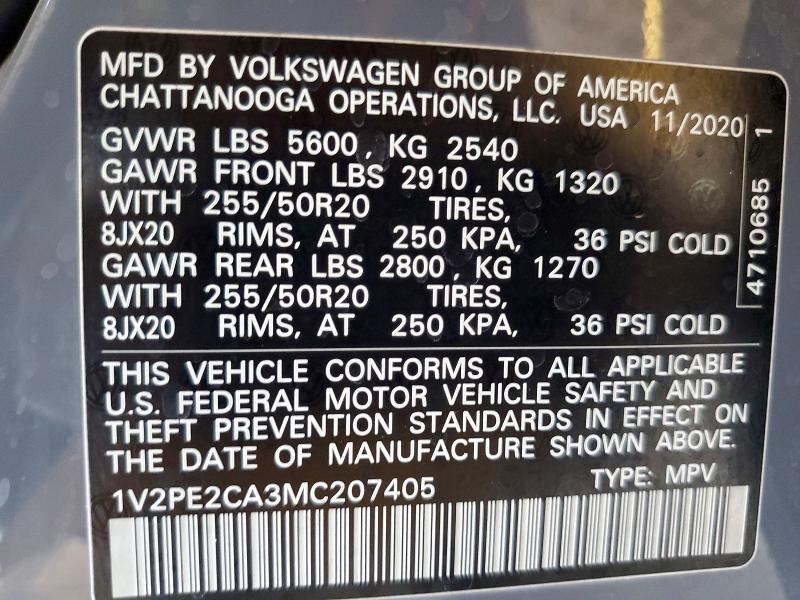 2021 Volkswagen Atlas Cross Sport მანქანა იყიდება აუქციონზე, vin: 1V2PE2CA3MC207405, აუქციონის ნომერი: 60720656