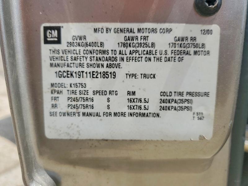 2001 Chevrolet Silverado მანქანა იყიდება აუქციონზე, vin: 1GCEK19T11E218519, აუქციონის ნომერი: 59896666