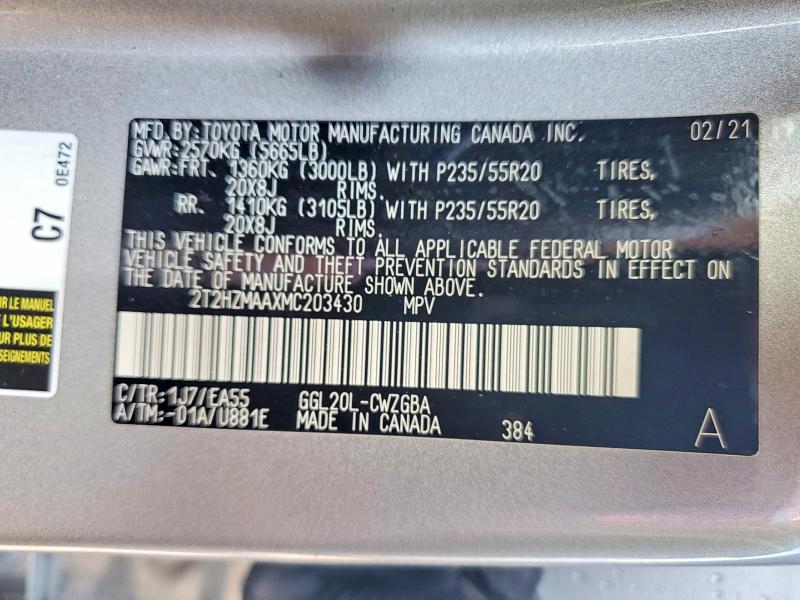 2021 Lexus Rx მანქანა იყიდება აუქციონზე, vin: 2T2HZMAAXMC203430, აუქციონის ნომერი: 61319186