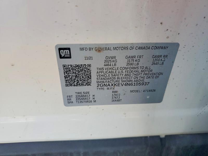 Aukcja sprzedaży 2022 Chevrolet Equinox, vin: 2GNAXKEV4N6105937, numer aukcji: 63029496