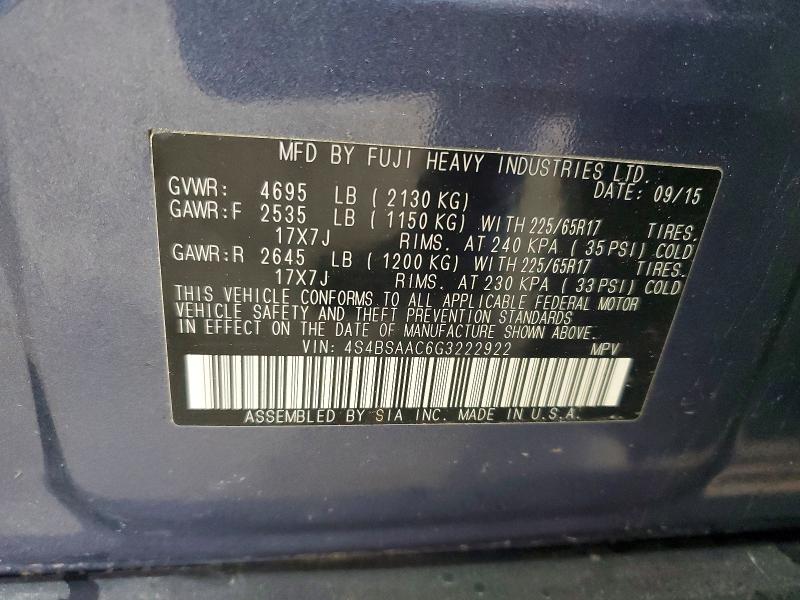 2016 Subaru Outback მანქანა იყიდება აუქციონზე, vin: 4S4BSAAC6G3222922, აუქციონის ნომერი: 59318066