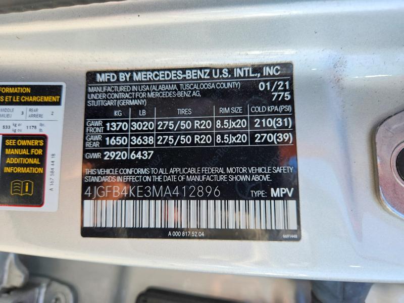 Aukcja sprzedaży 2021 Mercedes-benz Gle, vin: 4JGFB4KE3MA412896, numer aukcji: 62475366