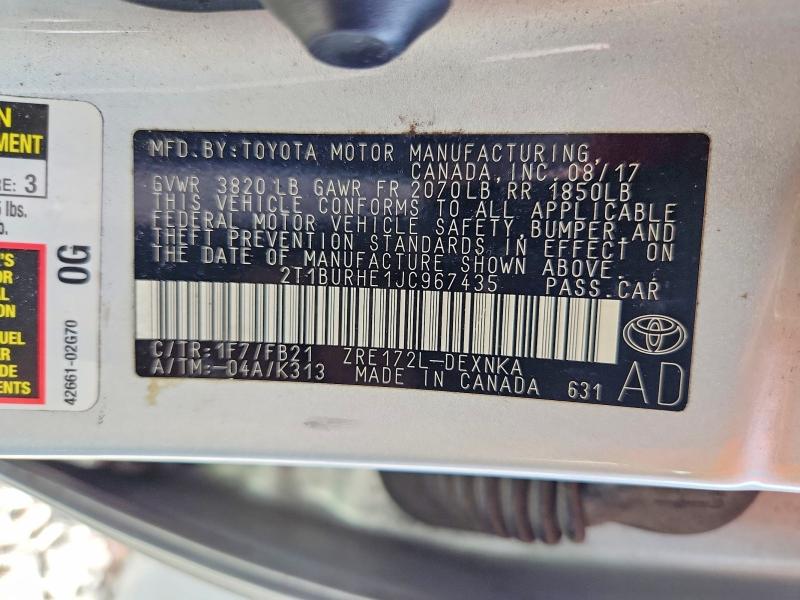 Aukcja sprzedaży 2018 Toyota Corolla, vin: 2T1BURHE1JC967435, numer aukcji: 62246276