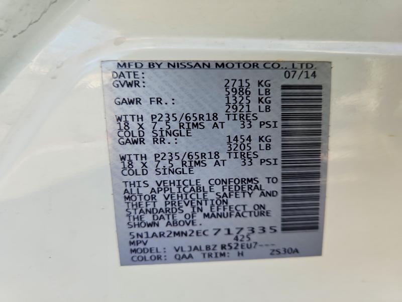 Продажа на аукционе авто 2014 Nissan Pathfinder, vin: 5N1AR2MN2EC717335, номер лота: 62043296