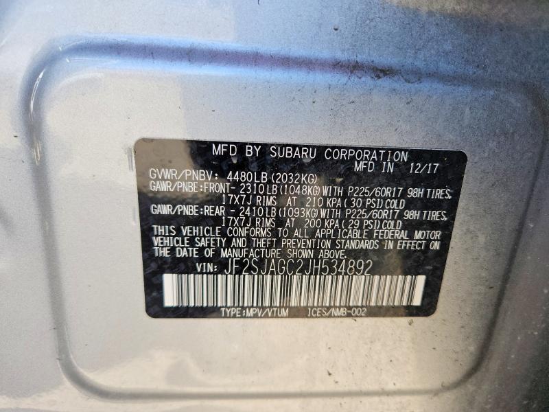 61968756 :رقم المزاد ، JF2SJAGC2JH534892 vin ، 2018 Subaru Forester مزاد بيع