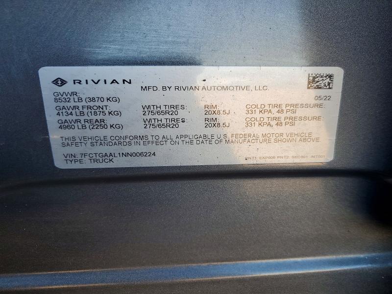 Aukcja sprzedaży 2022 Rivian R1t, vin: 7FCTGAAL1NN006224, numer aukcji: 60688826