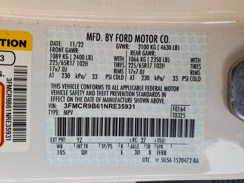 60743506 :رقم المزاد ، 3FMCR9B61NRE35931 vin ، 2022 Ford Bronco Sport مزاد بيع