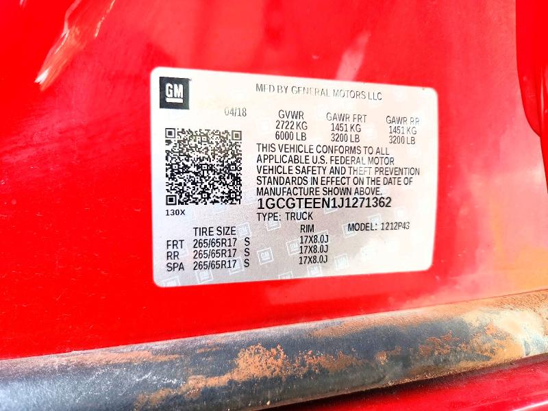 Aukcja sprzedaży 2018 Chevrolet Colorado, vin: 1GCGTEEN1J1271362, numer aukcji: 63232626