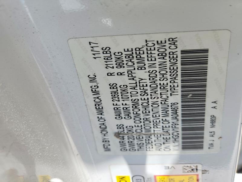62156276 :رقم المزاد ، 1HGCV1F91JA044676 vin ، 2018 Honda Accord مزاد بيع