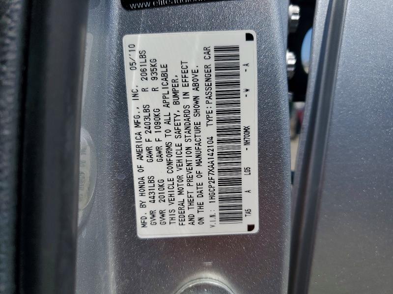 59727266 :رقم المزاد ، 1HGCP2F7XAA142104 vin ، 2010 Honda Accord مزاد بيع