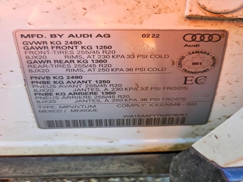 Aukcja sprzedaży 2022 Audi Q5, vin: WA16AAFY7N2076251, numer aukcji: 60003056