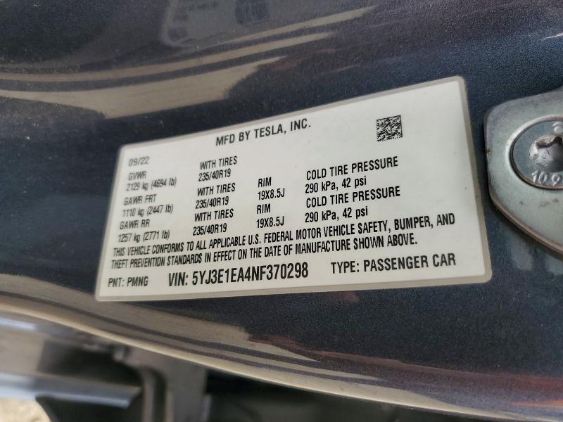 Продажа на аукционе авто 2022 Tesla Model 3, vin: 5YJ3E1EA4NF370298, номер лота: 62428026