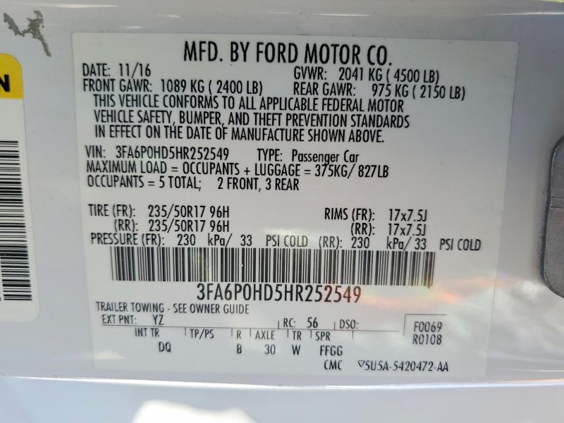 Aukcja sprzedaży 2017 Ford Fusion, vin: 3FA6P0HD5HR252549, numer aukcji: 60054786
