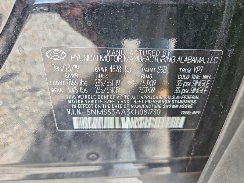 61331616 :رقم المزاد ، 5NMS53AA3KH081730 vin ، 2019 Hyundai Santa Fe مزاد بيع