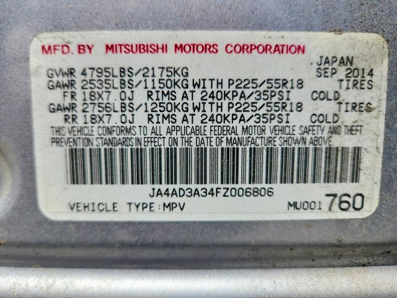2015 Mitsubishi Outlander მანქანა იყიდება აუქციონზე, vin: JA4AD3A34FZ006806, აუქციონის ნომერი: 59592106