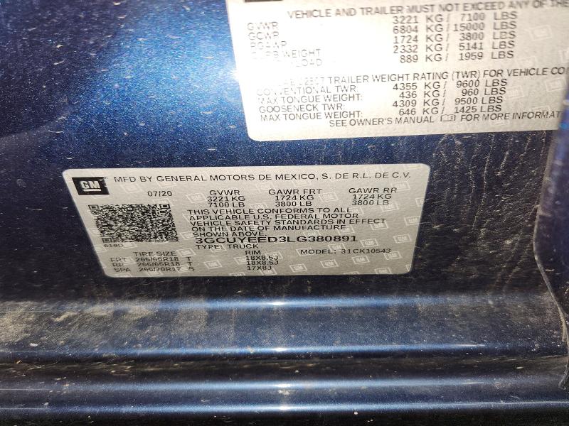 Aukcja sprzedaży 2020 Chevrolet Silverado, vin: 3GCUYEED3LG380891, numer aukcji: 62022676