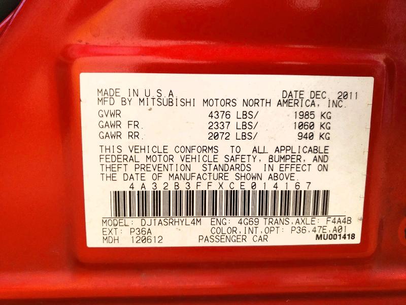 2012 Mitsubishi Galant მანქანა იყიდება აუქციონზე, vin: 4A32B3FFXCE014167, აუქციონის ნომერი: 61217706