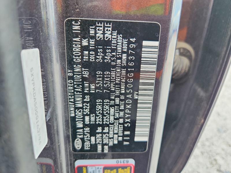 59693196 :رقم المزاد ، 5XYPKDA50GG163794 vin ، 2016 Kia Sorento مزاد بيع
