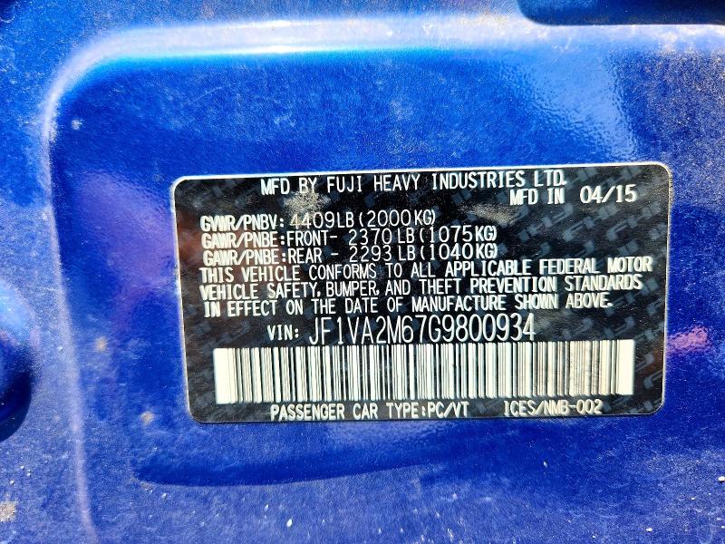 62994116 :رقم المزاد ، JF1VA2M67G9800934 vin ، 2016 Subaru Wrx مزاد بيع