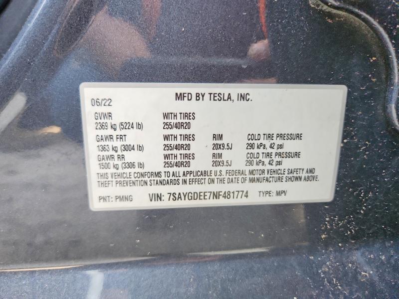 2022 Tesla Model Y მანქანა იყიდება აუქციონზე, vin: 7SAYGDEE7NF481774, აუქციონის ნომერი: 61098596